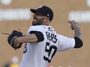 Detroit Tigers starting pitcher Mike Fiers throws during the first inning of a baseball game against the Los Angeles Angels, Wednesday, May 30, 2018, in Detroit.