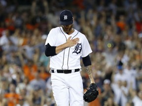 Detroit Tigers relief pitcher Shane Greene reacts after the final out in the ninth inning of a baseball game against the Chicago White Sox in Detroit, Friday, May 25, 2018.
