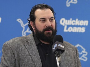 FILE - In this April 27, 2018, file photo, Detroit Lions coach Matt Patricia introduces first-round draft pick Frank Ragnow at the NFL football team's training facility in Allen Park, Mich. Patricia is maintaining his innocence after a 1996 sexual assault allegation against him resurfaced in reports Wednesday night, May 9.