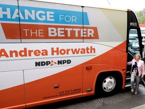 Ontario New Democratic Party Leader Andrea Horwath arrives for a rally in Paris, Ont., on May 15, 2018.