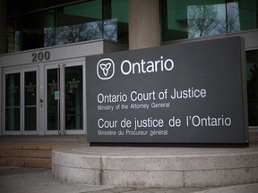 The entrance to the Ontario Court of Justice building in Windsor.