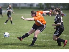 WINDSOR, ONT:. MAY 18, 2018 -- Sandwich's Julia Mlinarevic takes a shot on net in the W.E.C.S.S.A.A girls 'AA' soccer final between Sandwich Secondary School and Tecumseh Vista Academy at McHugh Park, Tuesday, May 22, 2018.