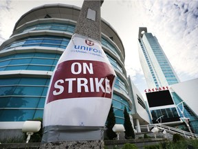 A Unifor strike sign is shown in front of Caesars Windsor on May 21, 2018. The strike is now the longest in the casino's history.