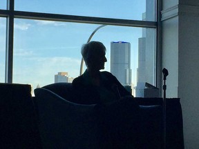 Sue Klebold, mother of Columbine killer Dylan Klebold, sits in silhouette at the Breakfast of Champions held by the Windsor-Essex County branch of the Canadian Mental Health Association at the St. Clair College Centre for the Arts on May 1, 2018.