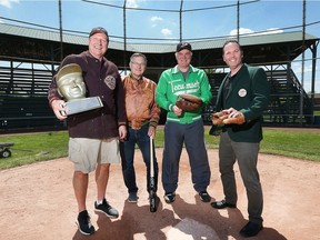 Members of the Tecumseh Baseball Club executive pose at the town diamond at Lacasse Park on Wednesday, May 23, 2018 with vintage jackets and equipment. They are preparing to celebrate the 75th anniversary of the club. Pictured from left are Rob Murphy, Bob Kanally, Marty Deschamps and Jamie Kell.
