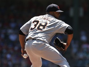 Detroit Tigers starting pitcher Francisco Liriano delivers against the Texas Rangers during the first inning of a baseball game May 9, 2018, in Arlington, Texas.