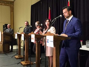 Provincial candidates for Windsor West debating on May 17, 2018. From right: Adam Ibrahim (PC), incumbent MPP Lisa Gretzky (NDP), Krysta Glovasky-Ridsdale (Green), Rino Bortolin (LIB), and debate moderator Craig Pearson.