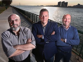 Local businessmen Larry Koscielski, CentreLine, left, Adam Davis, Next Dimension and Brent McPhail, Brave Control Systems are shown at the downtown Windsor waterfront on Wednesday, May 16, 2018. They have joined efforts and produced a video series aimed at attracting young people to the region.