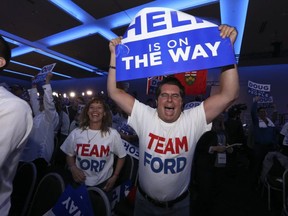 PC Premier Doug Ford's supporters celebrate his victory at the Toron to Congress Centre in Etobiocke.