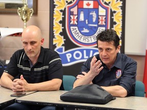 Amherstburg Police Services board members Jason Lavigne, left, and Mayor Aldo DiCarlo, shown June 14, 2018, during a special public meeting to discuss the recent disclosure of an Ontario Civilian Police Commission investigation of the Windsor Police Service and its board.