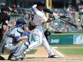 In this June 3 file photo, Detroit Tigers first baseman Miguel Cabrera singles against the Toronto Blue Jays.