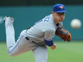 Blue Jays starting pitcher Aaron Sanchez warms up prior to the start of the game against the Tigers at Comerica Park in Detroit on Sunday, June 3, 2018.
