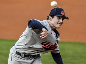 Auburn's Casey Mize, drafted first overall by the Detroit Tigers, pitches against Mississippi during an NCAA game in Oxford, Miss., Friday, May 11, 2018. (Bruce Newman/The Oxford Eagle via AP)