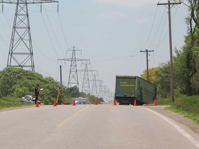 The scene of a fatal collision between a car and a transport truck in the London area on May 27, 2018. The incident happened on Gore Road just southeast of city limits.