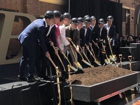 Robert De Niro, centre, and Toronto Mayor John Tory at the Nobu groundbreaking on Monday, June 11, 2018 in Toronto. (John Tory/Twitter)