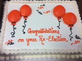 A victory cake awaits re-elected MPP Taras Natyshak.