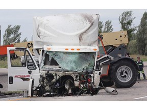 CHATHAM-KENT, ON. JUNE 22, 2018. --  The wreckage of a collision between two tractor-trailers is shown on Friday, June 22, 2018 on Highway 401 near Tilbury, ON. One driver was killed and the other is in serious condition. The accident occurred just before 7:00 a.m. and shut down all lanes of the highway for several hours.