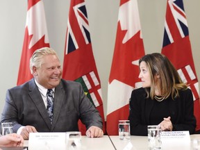 Minister of Foreign Affairs Chrystia Freeland is shown at a meeting with Ontario premier-designate Doug Ford in Toronto on June 14, 2018.