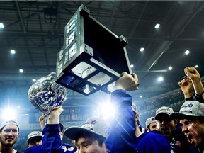 Toronto Marlies hoist the AHL Calder Cup after defeating the Texas Stars in Toronto on June 14, 2018.