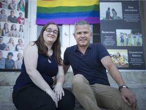 Ashley Marchand, left, activities coordinator at The House Youth Centre, and David Lenz, president of Windsor-Essex Pride Fest, are seen at a press event for the launch of the LGBTQ Connect Program for Youth at the House Youth Centre in Amherstburg, Friday, June 29, 2018.