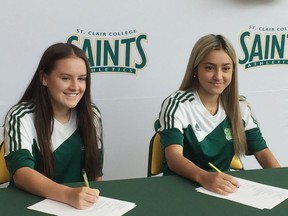 Serena Smith on left and Katia Palmer on right, were reunited as teammates on Tuesday after signing on to play for the St. Clair College Saints this fall.