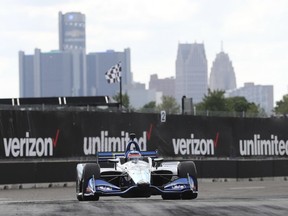 Takuma Sato of Japan takes turn two during the second race of the IndyCar Detroit Grand Prix auto racing doubleheader on June 3, 2018, in Detroit.