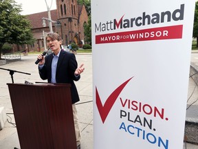 Matt Marchand, then President of the Windsor-Essex Regional Chamber of Commerce, said at his mayoral election campaign launch June 19, 2018, that he is the right person to bring the community together in order to help Windsor move forward.