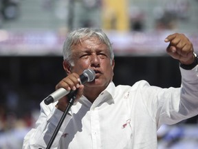 Mexico's presidential candidate Andres Manuel Lopez Obrador delivers a speech during a campaign rally in Veracruz, Mexico, on Saturday. (Felix Marquez/AP Photo)