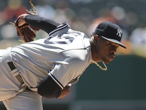 New York Yankees starting pitcher Luis Severino throws during the first inning of the first game of a baseball doubleheader against the Detroit Tigers, Monday, June 4, 2018, in Detroit.