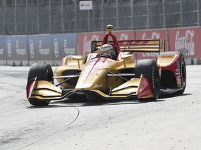 Ryan Hunter-Reay takes turn one during the second race of the IndyCar Detroit Grand Prix auto racing doubleheader, Sunday, June 3, 2018, in Detroit.