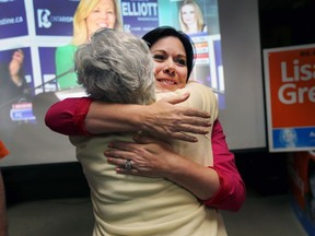 WINDSOR, ON. JUNE 7, 2018. --  Windsor West MPP Lisa Gretzky gets a congratulatory hug from Carolyn Davies at the Royal Canadian Legion Branch 255 in Windsor, ON on Thursday, June 7, 2018 after being reelected.