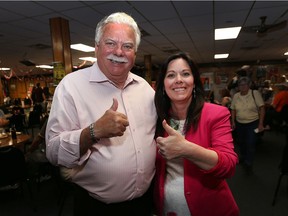 Windsor-Tecumseh MPP Percy Hatfield and Windsor West MPP Lisa Gretzky celebrate their victory at the Royal Canadian Legion Branch 255 in Windsor on June 7, 2018.