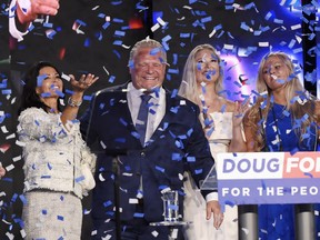 Ontario PC leader Doug Ford reacts with his family after winning the Ontario Provincial election to become the new premier in Toronto, on June 7, 2018.