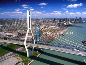 A new TV commercial by the Ambassador Bridge company depicts its proposed twin span over the Detroit River, as this frame grab shows, and plays on U.S. patriotism, calling its project American.