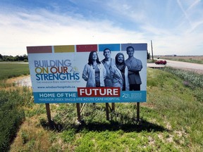 A billboard showing the proposed site of the Windsor-Essex region's $2-billion mega-hospital, at County Road 42 and Concession Road 9 on June 11, 2018.