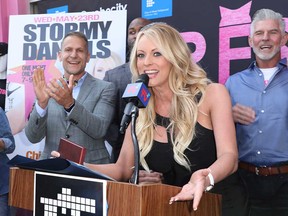 Adult entertainer Stormy Daniels speaks after receiving the key to City of West Hollywood, California, on May 23, 2018.