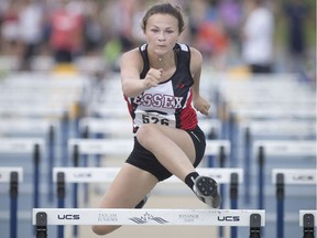 Makayla McKibbin from Essex District High School competes in the women's junior 80-metre hurdles at the OFSAA West Regional Track and Field meet at Alumni Field on June 1, 2018.