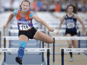 WINDSOR, ONT:. JUNE 1, 2018 -- Karlie Moore from Sandwich Secondary School competes in the Senior women's 100 meter hurdles at the OFSAA West Regionals Track and Field Meet at Alumni Field, Friday, June 1, 2018.
