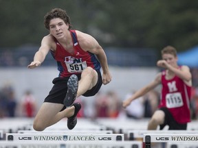 WINDSOR, ONT:. JUNE 1, 2018 -- Josh Bailey form Holy Names Catholic High School competes in the midget men's 100 meter hurdles at the OFSAA West Regionals Track and Field Meet at Alumni Field, Friday, June 1, 2018.