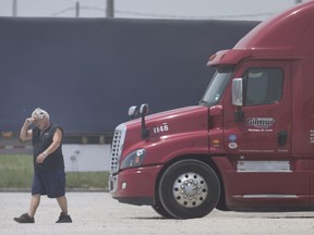 WINDSOR, ONT:. JUNE 8, 2018 -- A trucker parks his transport truck at the Husky truck stop, Friday, June 8, 2018.