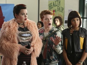 This image released by Paramount Network shows Melanie Field, who portrays Heather Chandler, Brendan Scannell, who portrays Heather Duke, and Jasmine Mathews, who portrays Heather McNamara in a scene from "Heathers." Paramount Network says it will delay airing a television reboot of "Heathers" following the Florida high school shooting that left 17 dead. Paramount says in a Wednesday statement that it will not air the show until later this year "out of respect for the victims, their families and loved ones." The show was to premiere on the Paramount Network on March 7.