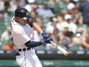 Detroit Tigers' JaCoby Jones connects for a two-run home run during the seventh inning of a baseball game against the Minnesota Twins on June 14, 2018, in Detroit.