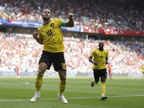 Belgium's Eden Hazard celebrates after scoring his side's fourth goal during the group G match between Belgium and Tunisia at the 2018 soccer World Cup in the Spartak Stadium in Moscow, Russia, Saturday, June 23, 2018.