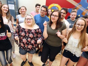 Rehearsing choir members Diane Tannous, front left, Amber Collison, Sami Lambier and Melody Barron, front right, all from Cardinal Carter Catholic High School — along with other choir members — sing and move July 12, 2018, to songs by Barry Manilow at St. Anne Catholic High School.
