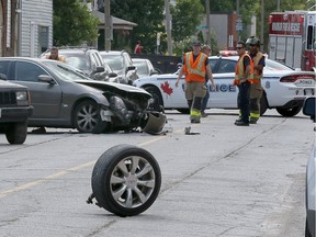 Windsor Police and Windsor firefighters on the scene on Drouillard Road after a multivehicle collision where a northbound Infiniti M35x lost control and slammed into two, parked cars.  Several witnesses gave their statements to Windsor Police.  Traffic was re-routed until vehicles were towed away. There were no serious injuries.