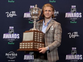 William Karlsson of the Vegas Golden Knights poses with the Lady Byng Memorial Trophy given to the player best combining sportsmanship and ability in the press room at the 2018 NHL Awards on June 20, 2018, in Las Vegas, Nevada.