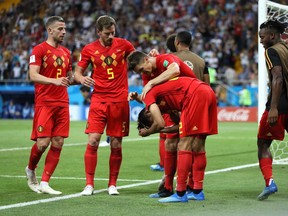 ROSTOV-ON-DON, RUSSIA - JULY 02:  Nacer Chadli of Belgium celebrates after scoring his team's third goal with team mates during the 2018 FIFA World Cup Russia Round of 16 match between Belgium and Japan at Rostov Arena on July 2, 2018 in Rostov-on-Don, Russia.