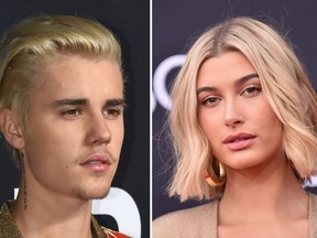 These two file photos show singer Justin Bieber on Feb. 10, 2016 attending the Yves Saint Laurent men's fall line at the Hollywood Palladium in Hollywood; and TV personality-model Hailey Baldwin on May 20, 2018, at the 2018 Billboard Music Awards at the MGM Grand Resort International in Las Vegas, Nevada.