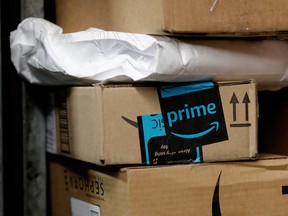 A package from Amazon Prime is loaded for delivery in New York.
