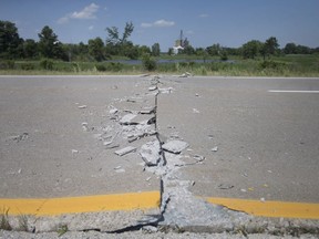 Buckling due to extreme heat on Highway 3, west of Malden Road, is shown on July 1, 2018. Westbound lanes had to be closed overnight. The province is now investigating the latest of several heat-related road surface failures along that stretch of  Highway 3.